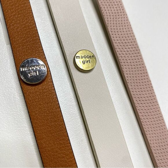 Set of Three Madden Girl Thin Belts White Pink British Tan Sz L NWT - Picture 3 of 6